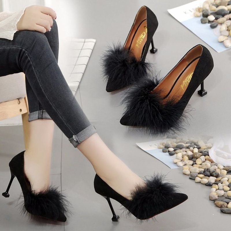 High heeled women’s slim heel 2022 spring and Autumn New Korean woolen shoes pointed point versatile women’s shoes black work single shoes