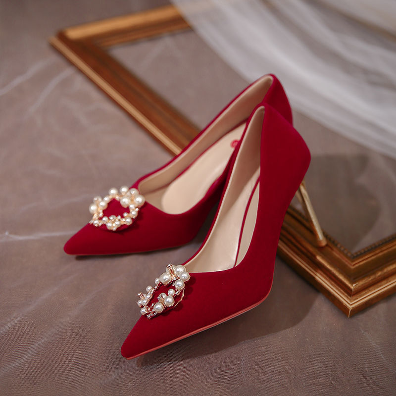 Winter wedding shoes red Xiuhe shoes women’s new Chinese wedding bride shoes suede high heels wedding stiletto