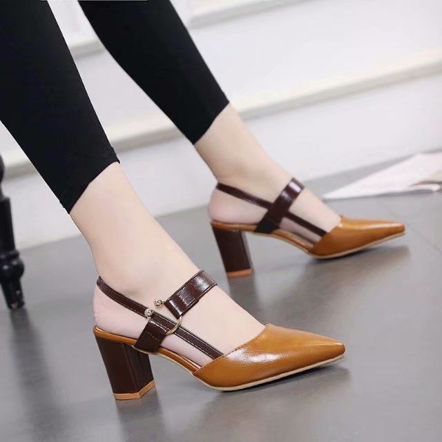 Spring and summer 2020 new single shoes women’s pointed thick heel Baotou women’s shoes middle heel one button high heeled shoes versatile