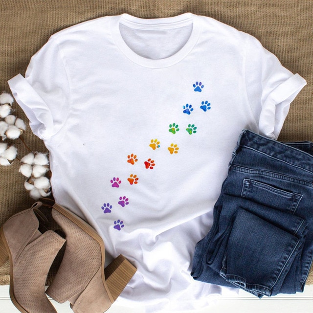 Colorful Cat Paw Print T Shirt Women New Fashion Black T Shirt