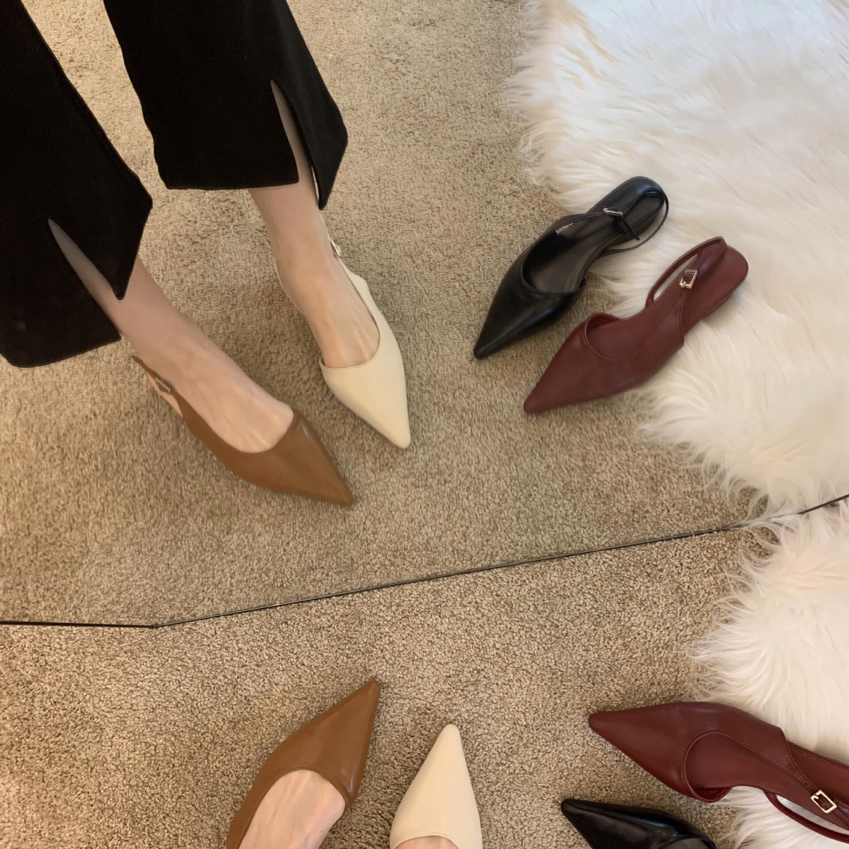 Korean designer pointed thin belt low flat heel sandal