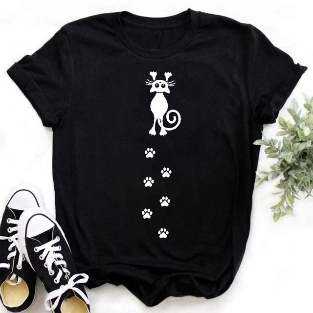 Colorful Cat Paw Print T Shirt Women New Fashion Black T Shirt