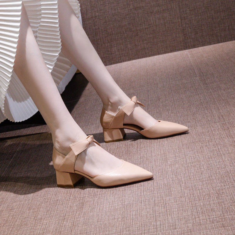 Women’s shoes 2020 new fashion pointed head hollow bow 6cm high heels female students thick heel sexy fashion single shoes