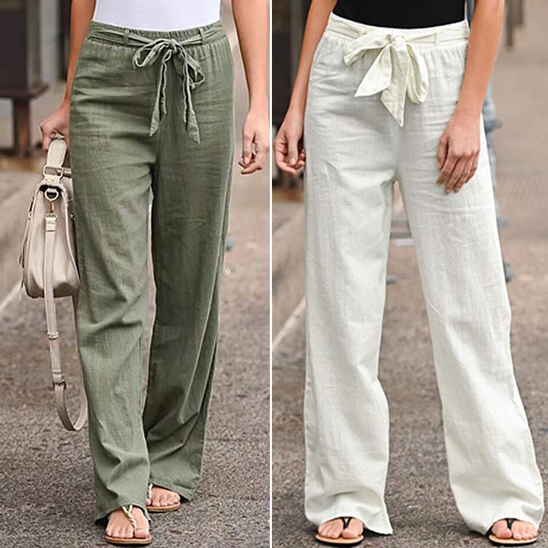 Women Cotton Pants Elastic Waist Straight  Spring Loose Long Pants Solid Casual Sports Pants