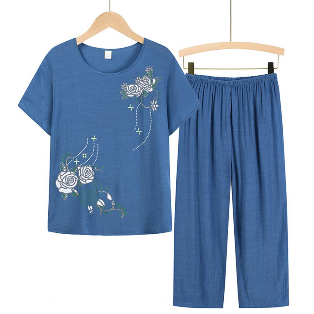 Women Homewear Set Short Sleeve Floral Print T-shirt Pants