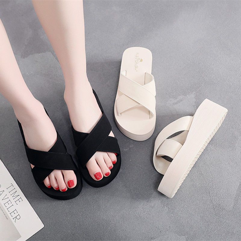thick-soled slippers women’s outer wear thin cross-strap sandals summer fashion high-heeled beach shoes tide
