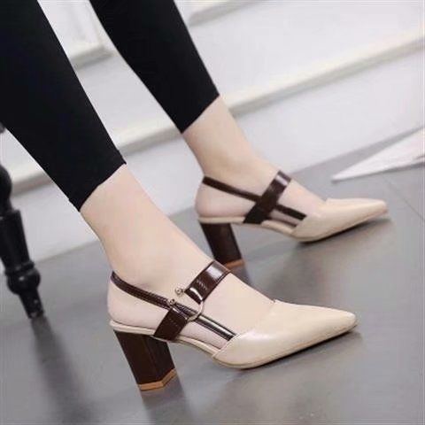Spring and summer 2020 new single shoes women’s pointed thick heel Baotou women’s shoes middle heel one button high heeled shoes versatile