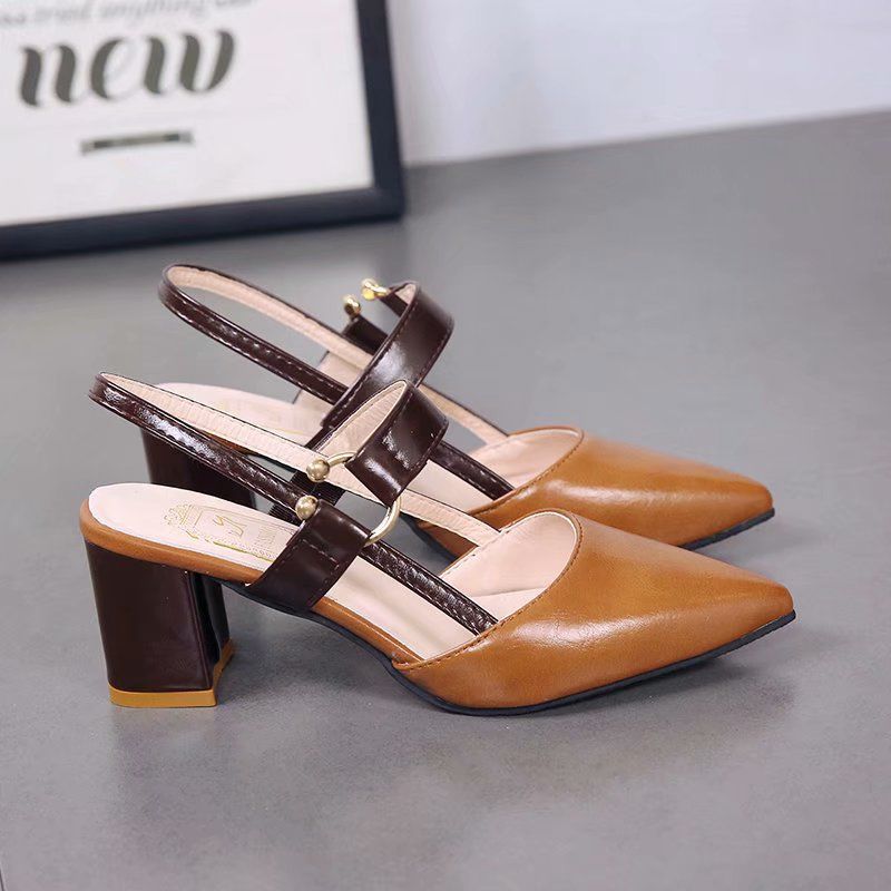 Spring and summer 2020 new single shoes women’s pointed thick heel Baotou women’s shoes middle heel one button high heeled shoes versatile