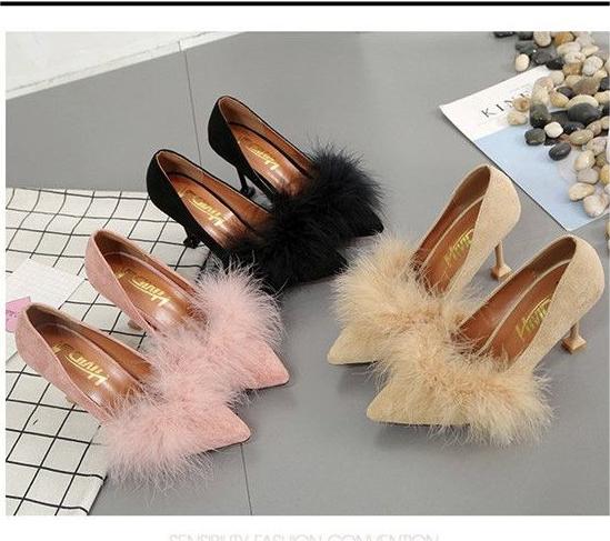 High heeled women’s slim heel 2021 spring and Autumn New Korean woolen shoes pointed point versatile women’s shoes black work single shoes
