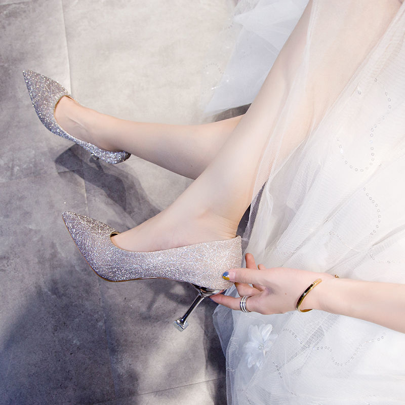 high heels thin heel pointed temperament crystal shoes bridal shoes wedding shoes versatile fashion single shoes