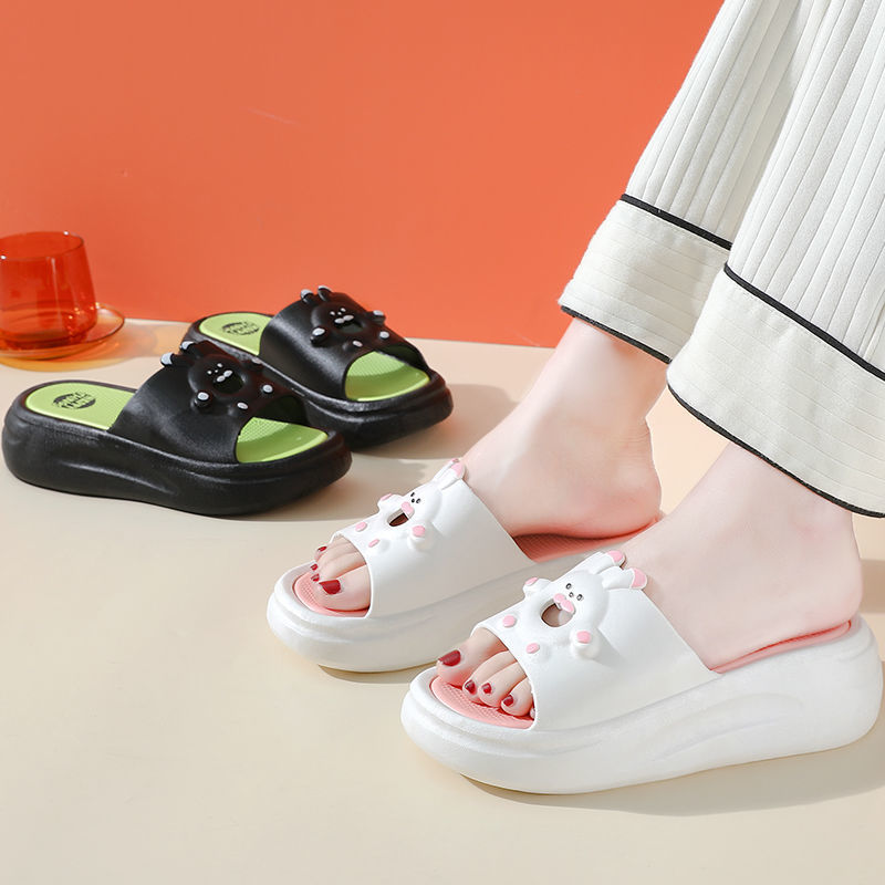 High-heeled slippers women’s summer indoor cartoon cute rabbit bathroom sandals and slippers non-slip home use wedge heels to wear outside in summer