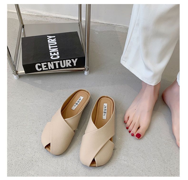 Real soft leather Baotou half slippers women’s outer wear 22 spring, autumn and summer new Muller lazy pregnant women flat small leather shoes half support