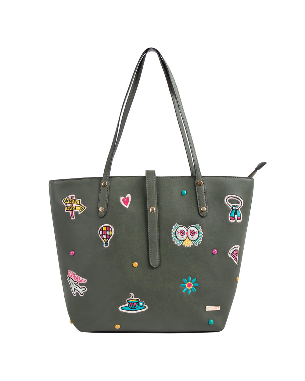 Embroidered Travel Patches Tote Bag - Olive
