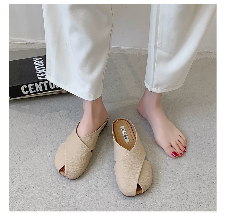 Real soft leather Baotou half slippers women’s outer wear 22 spring, autumn and summer new Muller lazy pregnant women flat small leather shoes half support