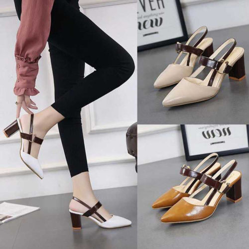 Spring and summer 2020 new single shoes women’s pointed thick heel Baotou women’s shoes middle heel one button high heeled shoes versatile