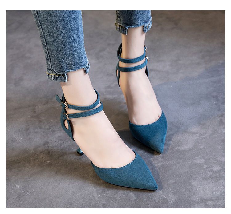 Shoes female students Korean high heeled women’s slim heels 2020 spring / Summer Black versatile pointed point button single shoe women’s shoes