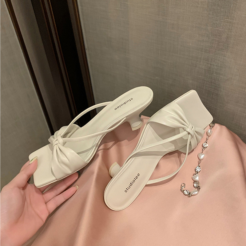 French bowknot literal square toe sandals summer outerwear women’s slippers