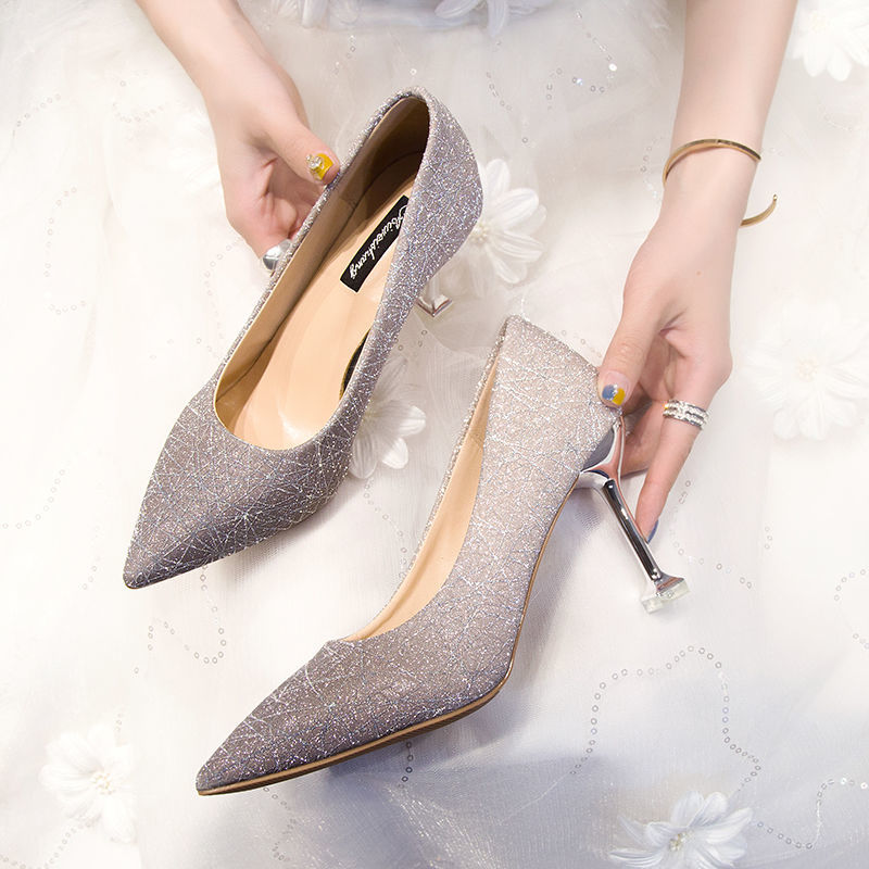 high heels thin heel pointed temperament crystal shoes bridal shoes wedding shoes versatile fashion single shoes