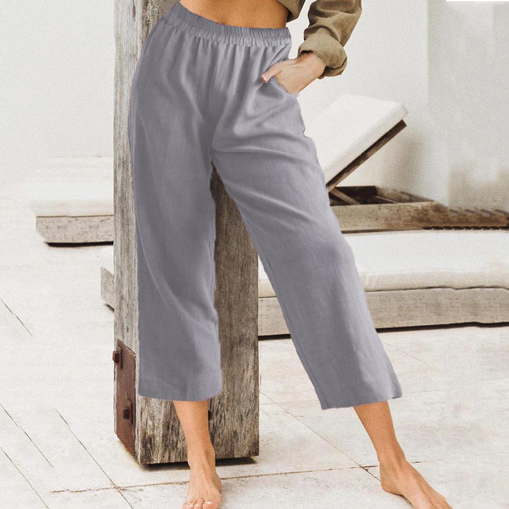 Women CottonPants Casual Loose Trousers Solid Color Pocket Harem Pants