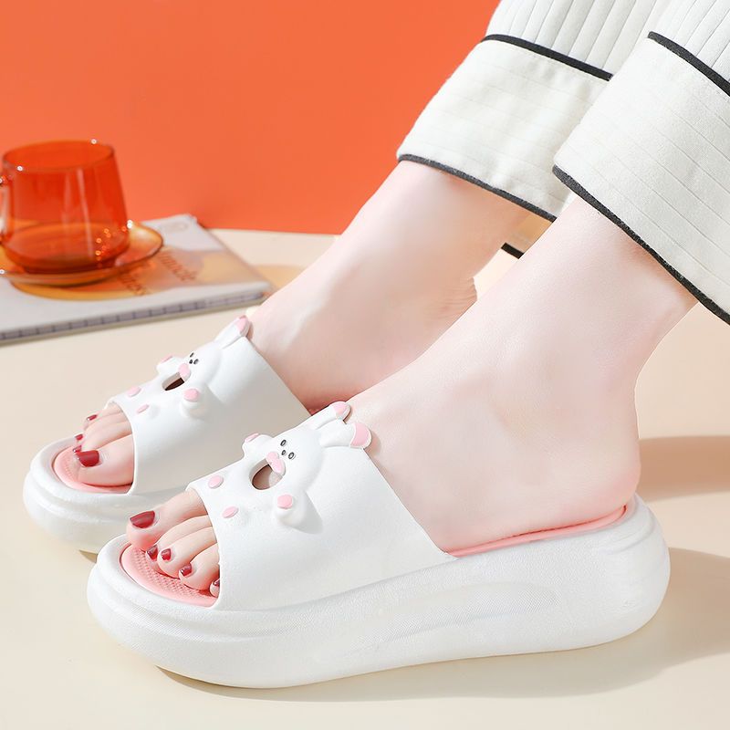 High-heeled slippers women’s summer indoor cartoon cute rabbit bathroom sandals and slippers non-slip home use wedge heels to wear outside in summer