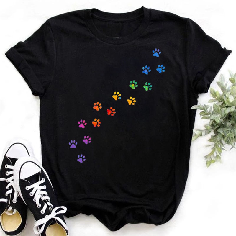 Colorful Cat Paw Print T Shirt Women New Fashion Black T Shirt