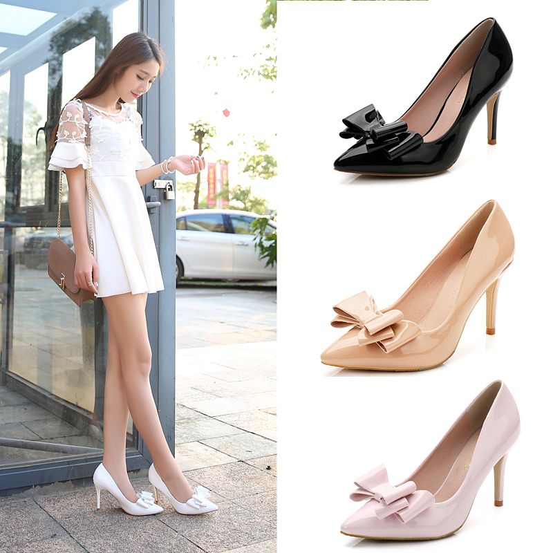 Pointed white bow tie high heels women’s light mouth small heel single shoe work shoes 62-64 small wedding shoes bridesmaids shoes