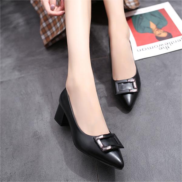 New single shoes women’s thick heel pointed women’s shoes high heels single shoes women’s work shoes wedding shoes square buttons