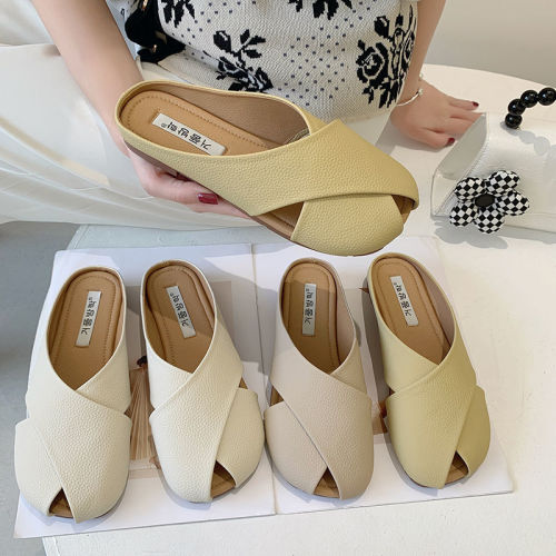 Real soft leather Baotou half slippers women’s outer wear 22 spring, autumn and summer new Muller lazy pregnant women flat small leather shoes half support