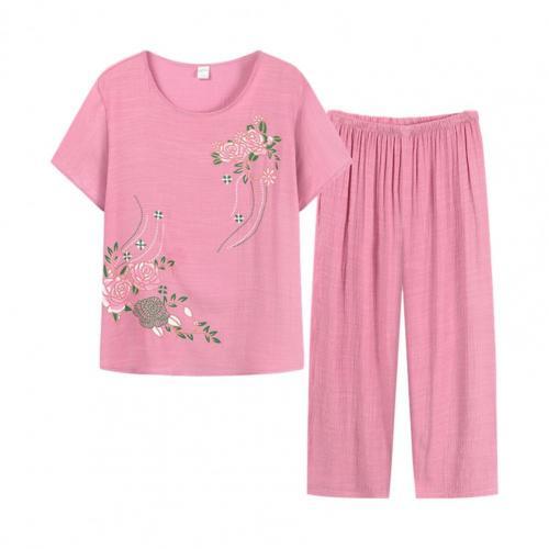 Women Homewear Set Short Sleeve Floral Print T-shirt Pants