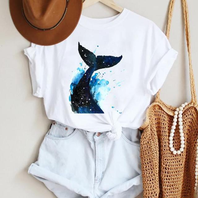 2022 Women Crew Neck White T-Shirt Cartoon