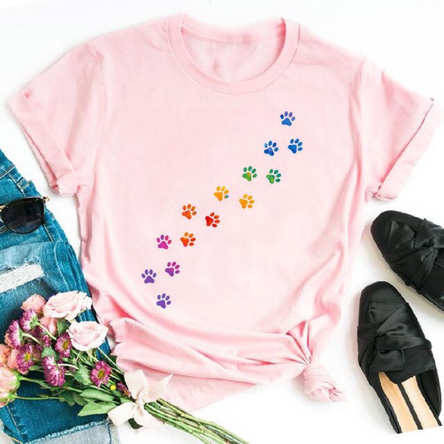 Colorful Cat Paw Print T Shirt Women New Fashion Black T Shirt