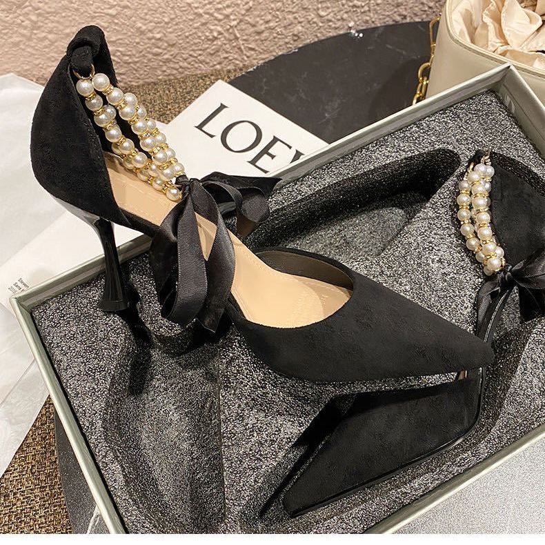 High heeled shoes women’s thin heel spring and Autumn New Pearl foot ring bandage net Red Fairy black pointed sexy sandals