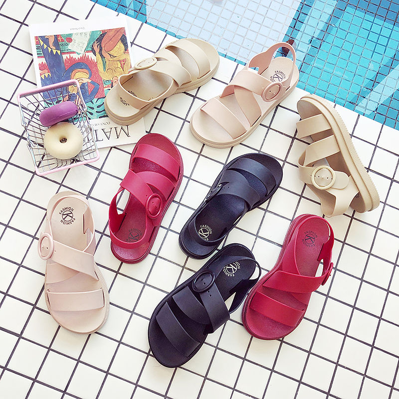 Summer new Korean version simple open toe flat bottom casual sandals women’s summer one word buckle versatile student women’s shoes