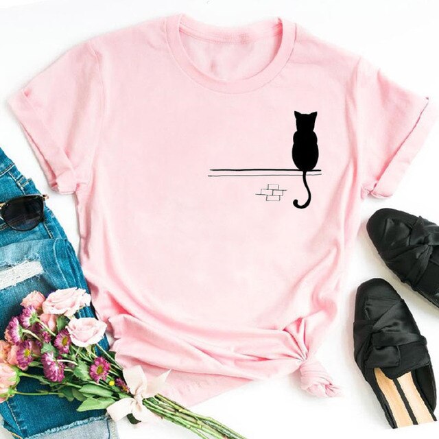 Colorful Cat Paw Print T Shirt Women New Fashion Black T Shirt