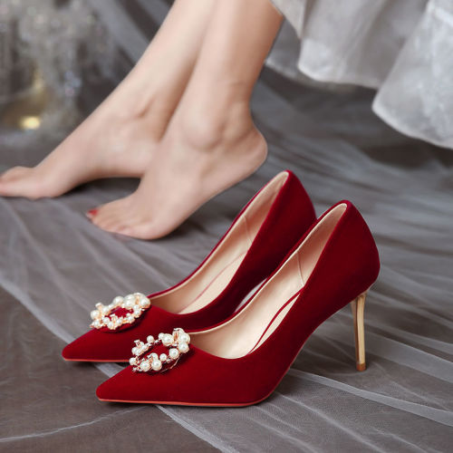 Winter wedding shoes red Xiuhe shoes women’s new Chinese wedding bride shoes suede high heels wedding stiletto