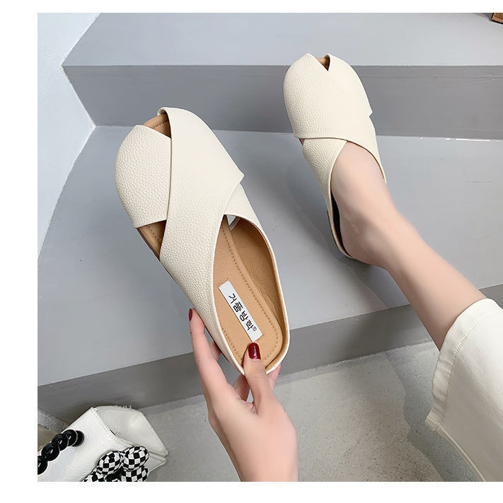Real soft leather Baotou half slippers women’s outer wear 22 spring, autumn and summer new Muller lazy pregnant women flat small leather shoes half support