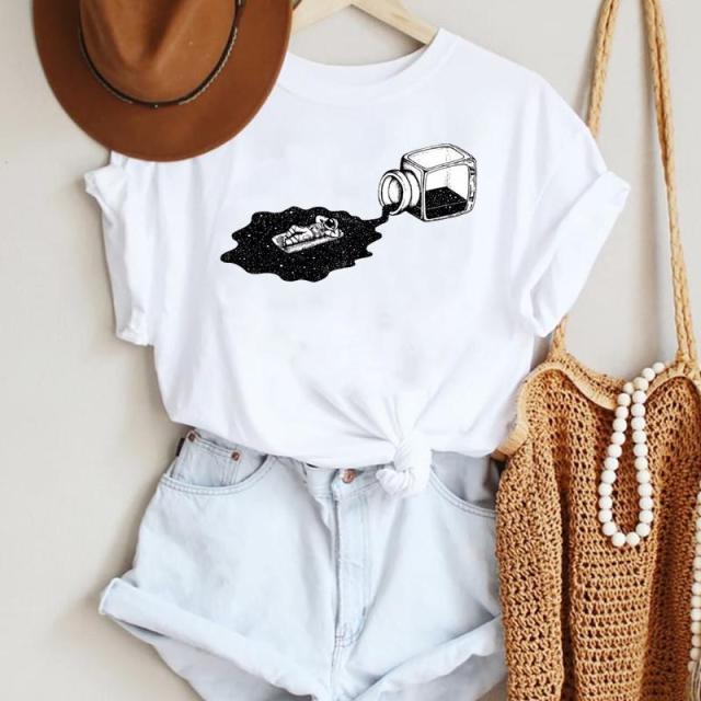 2022 Women Crew Neck White T-Shirt Cartoon