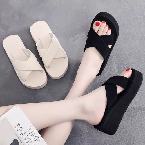 thick-soled slippers women’s outer wear thin cross-strap sandals summer fashion high-heeled beach shoes tide