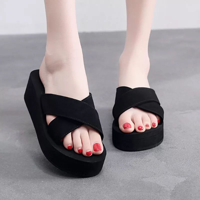 thick-soled slippers women’s outer wear thin cross-strap sandals summer fashion high-heeled beach shoes tide