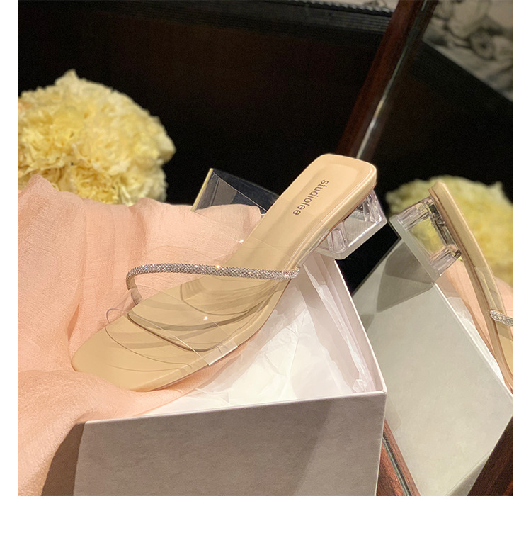 Transparent Sandals Square Toe Show Legs Long Crystal Thick Heel Wearing Sandals And Slippers
