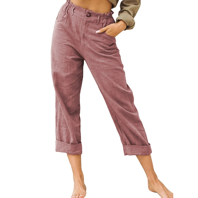 Women CottonPants Casual Loose Trousers Solid Color Pocket Harem Pants