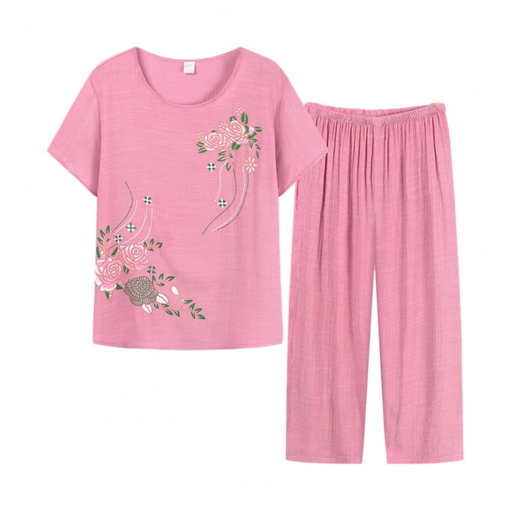 Women Homewear Set Short Sleeve Floral Print T-shirt Pants