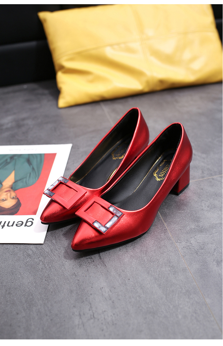 New single shoes women’s thick heel pointed women’s shoes high heels single shoes women’s work shoes wedding shoes square buttons