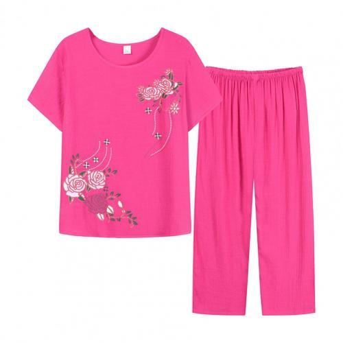 Women Homewear Set Short Sleeve Floral Print T-shirt Pants