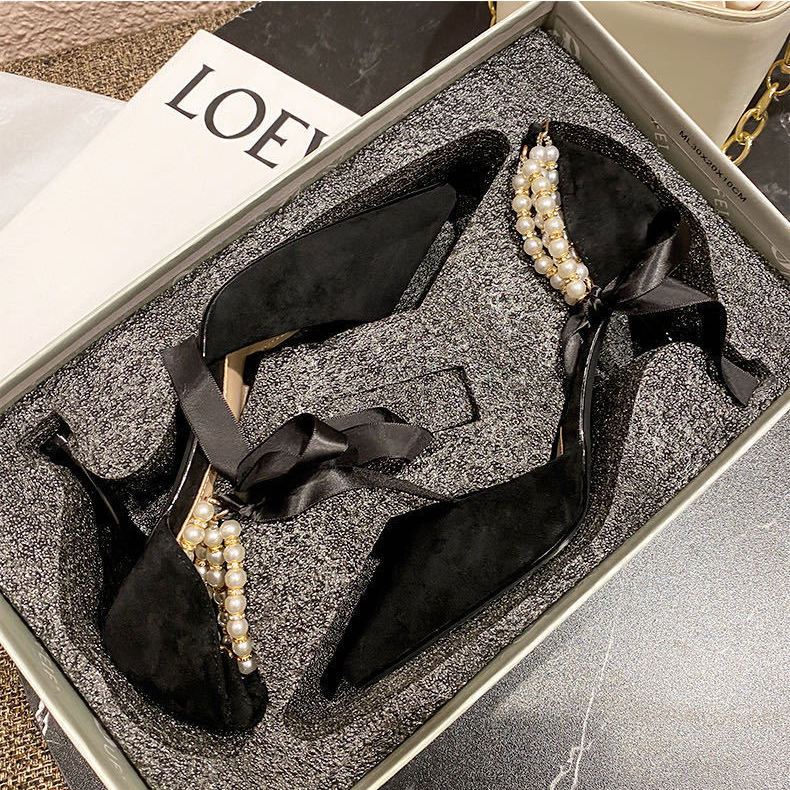 High heeled shoes women’s thin heel spring and Autumn New Pearl foot ring bandage net Red Fairy black pointed sexy sandals