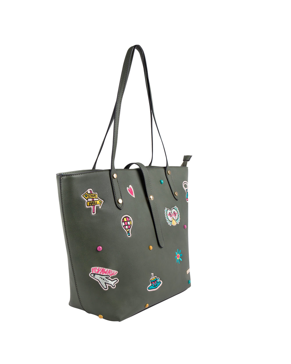 Embroidered Travel Patches Tote Bag - Olive