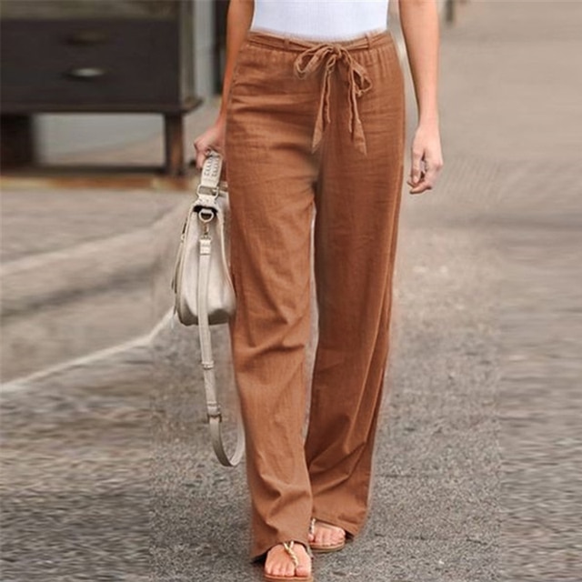 Women Cotton Pants Elastic Waist Straight  Spring Loose Long Pants Solid Casual Sports Pants