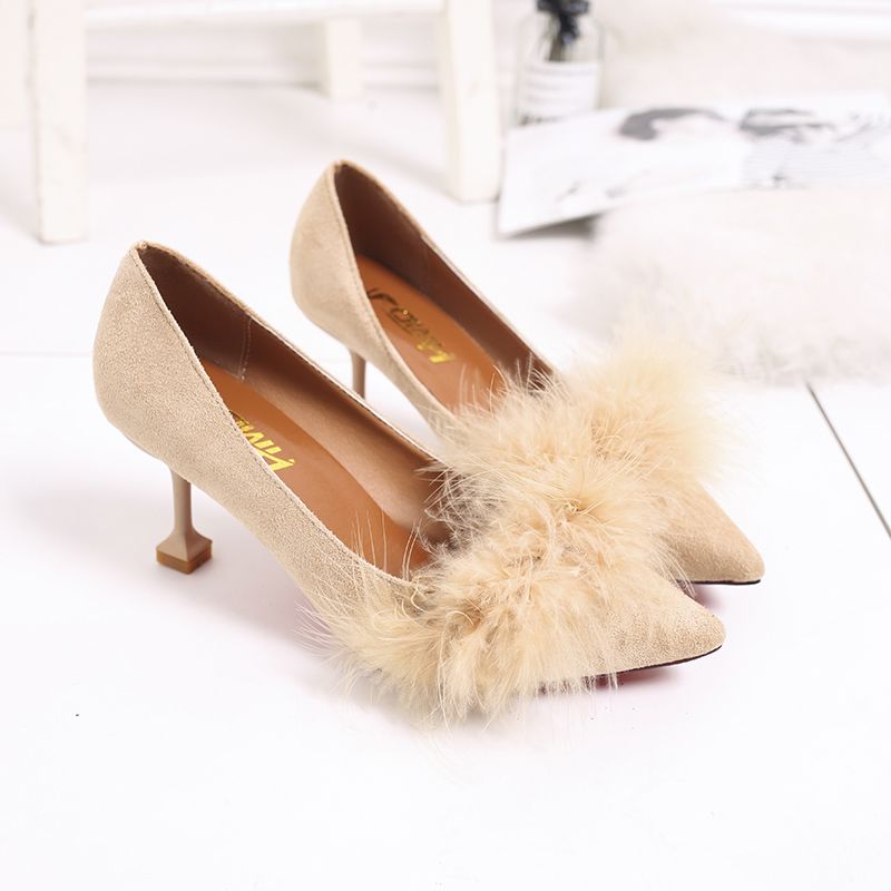 High heeled women’s slim heel 2021 spring and Autumn New Korean woolen shoes pointed point versatile women’s shoes black work single shoes