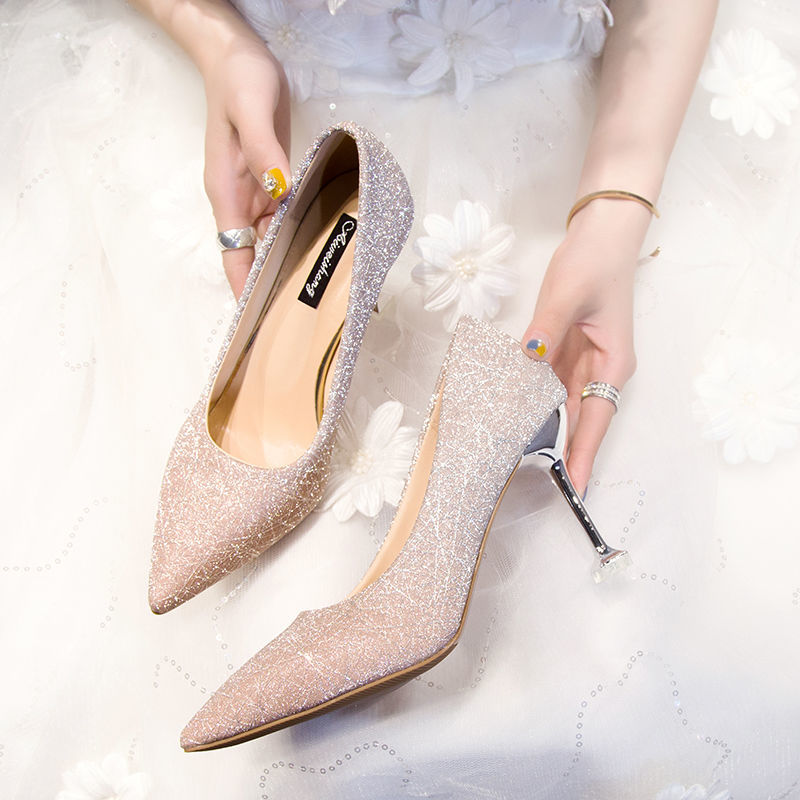 high heels thin heel pointed temperament crystal shoes bridal shoes wedding shoes versatile fashion single shoes