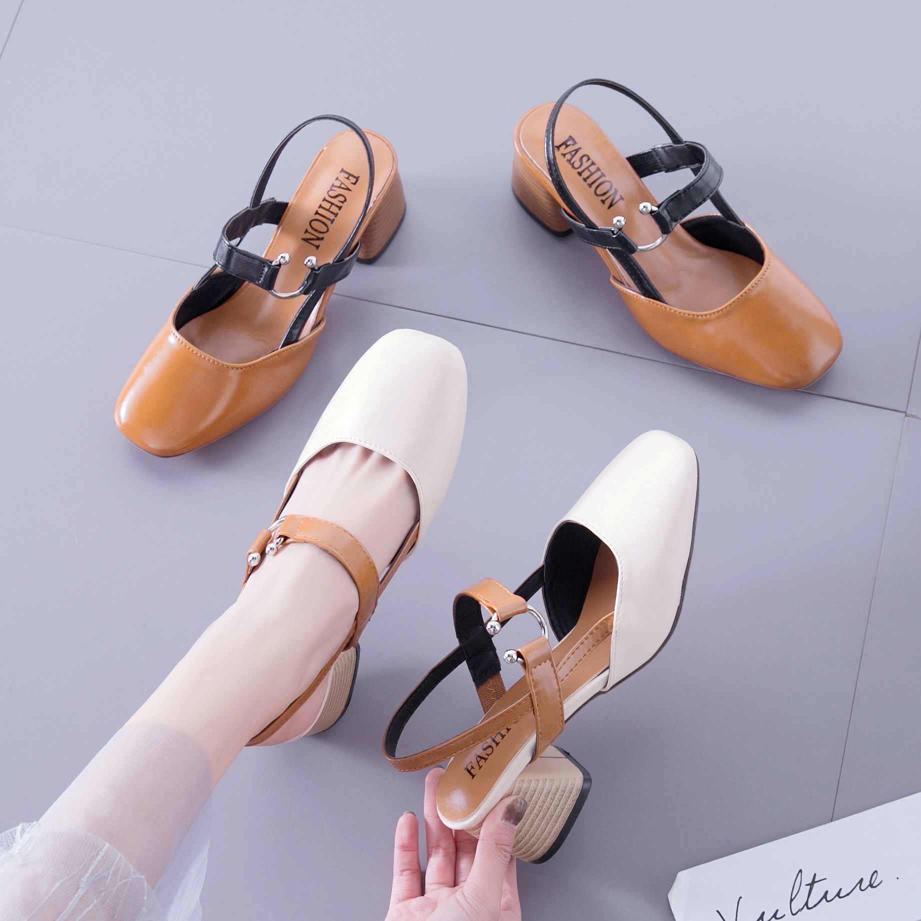 Korean version of versatile new sandals women round head single shoes Baotou shoes thick heels high heels summer heels with a word for women’s shoes